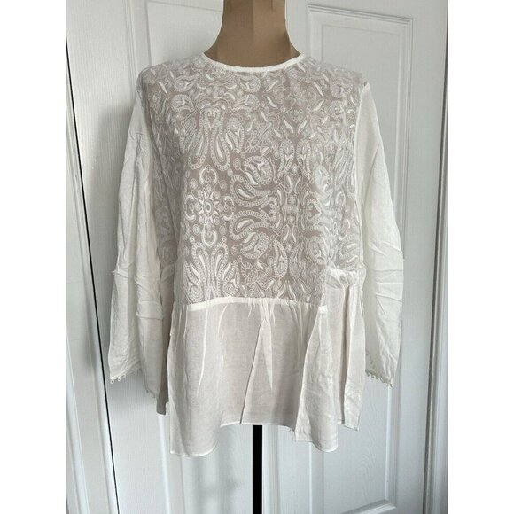 Endless Rose Blouse Top Round Neck 3/4 Bell Sleeve Front Lace Panel White Sz L - Picture 1 of 11